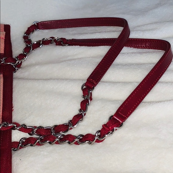 Auth CHANEL Deauville Canvas Chain Lambskin Tote - Picture 9 of 12